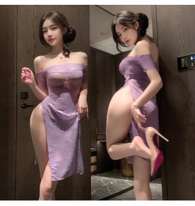 FEE ET MOI - Sheer Rose Off-Shoulder Cheongsam (Purple)